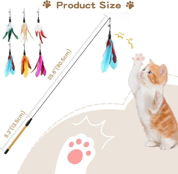 Pawaboo Feather Teaser Cat Toy, Interactive Wands Cats Toy Flying Feathers Cat Catcher with Extra Long 34.5" Wand and Small Bell, Playing Toys, 1 Wand + 6 Feathers, Multi-Color Feather Blend