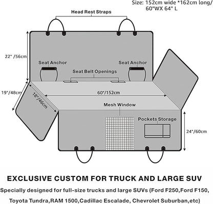 Truck Dog Seat Cover Back Seat | 100% Waterproof & Seat Belt | Pet Hammock for Car Rear Seat Protector with Mesh Window Fits Pickup Ford F-Series/Chevrolet Silverado/Ram/GMC Sierra etc(Gray)