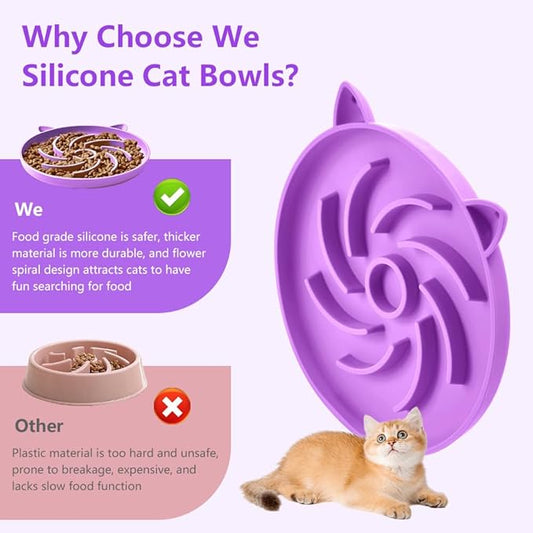 2Pcs Slow Feeder Cat Bowl,Puzzle Feeder,Interactive Toys,Slow Feeding cat Bowl Suitable for All Dry and Wet Foods,Easy to Clean Silicone Bowls (Orange and Purple)