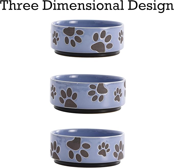 Bico Paw Blue Ceramic 14oz Pet Bowl, for Small Size Dog, Puppy, Durable and Dishwasher Safe Stoneware