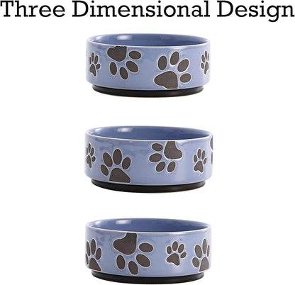 Bico Paw Blue Ceramic 14oz Pet Bowl, for Small Size Dog, Puppy, Durable and Dishwasher Safe Stoneware