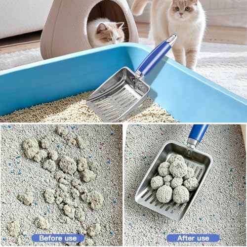 Cat Litter Scoop - Metal Cat Litter Scoop - Stainless Steel Scoop for Cats - Sturdy Metal Mesh - Rubber Handle - Easy to Clean, Suitable for Cat Litter Boxes (Blue) - Image 6