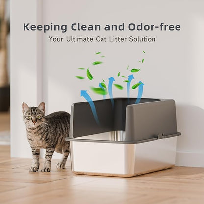 High-Sided Stainless Steel Cat Litter Box,Stainless Steel Litter Box with Lid,Extra Medium Box,Easy-to-Clean Metal Litter Pan for Cats (20''L X 14''W X 12''H with Enclosure)