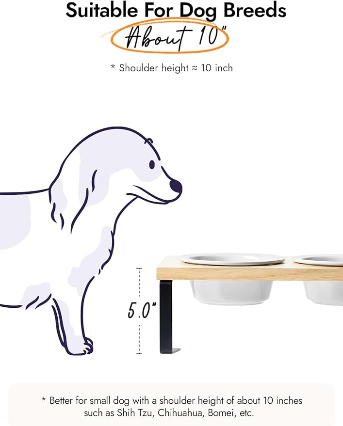 Elevated Dog Bowls, Raised Dog Bowl Stand with Two 5.1 inch Ceramic Bowls, Non-Slip Cat Food and Water Dish for Small and Medium Breed, White