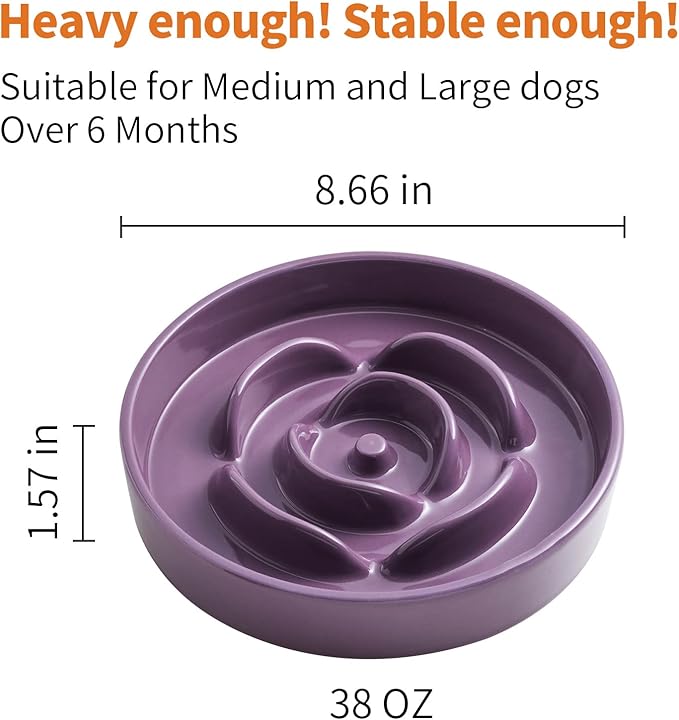 8.66 in Purple Ceramic Slow Feeder Dog Bowl for Medium and Large Breed,Fast Eater Dog Food Water Dish Heavy Wighted,Puppy Bowl for Fast Eaters,Puzzle Slow Eating Dish Modern Cute