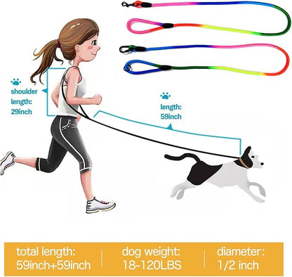 Hands Free Dog Leash Waist & Crossbody Rope with Slip Lead Durable for 2 Dogs Nylon Reflective Heavy Duty Hiking Running Leash for Medium Large Dogs(Rainbow, 9.8Ft)