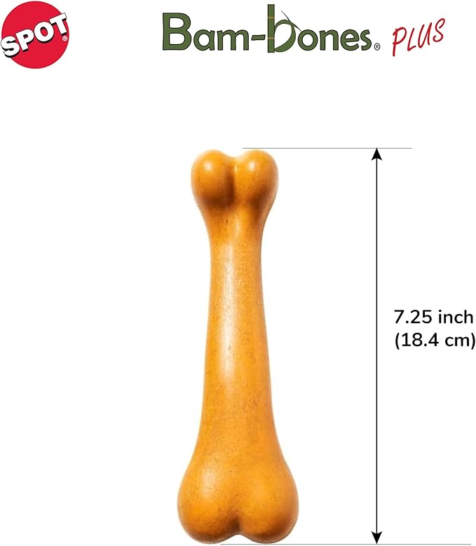 SPOT Bam-Bones Plus Dino Bone - Bamboo Fiber & Nylon, Durable Long Lasting Dog Chew for Aggressive Chewers – Great Toy for Dogs Under 90lbs, Non-Splintering, 7.25in Peanut Butter Flavor Allergen Free