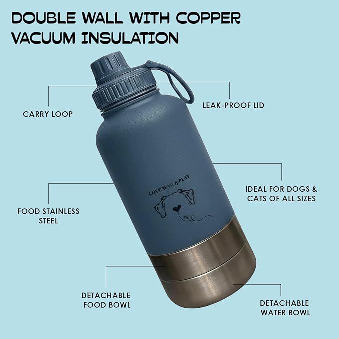 Love Wag & Play Dog Water Bottle with Food Bowls, Portable Stainless Steel Bottle for Dogs, Leakproof Travel Design with Detachable Bowls for Walks, Hikes and Outdoor Adventures (32 oz)