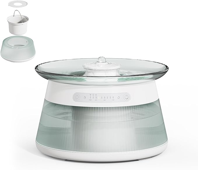 GJEASE Glass Smart Pet Water Fountain,Cat Drinking Water Fountain Bowl No Filter,Battery Operated Filterless Pet Water Fountain