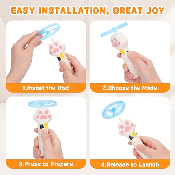 Cat Chase Fetch Toy - Rechargeable Disc Launcher with 6 Flying Spinners - Best Interactive Pet Hunting Toys for Indoor Outdoor Yard Cats Dog (White)