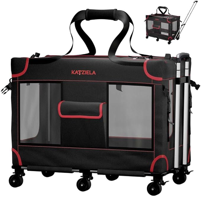 MegaCruze Rolling Pet Carrier for Medium & Large Dogs 25”x17”x20”. Lockable Wheels Zipper Locks Telescopic Handle Breathable Mesh, Removable Wheel Base, Stress-Free Travel Outdoor and Indoor