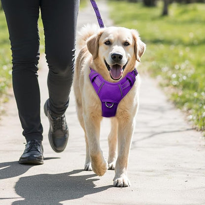BARKBAY No Pull Dog Harness Large Reflective Dog Harness with Front Clip and Easy Control Handle for Walking Training Running with ID tag Pocket(Purple,L)