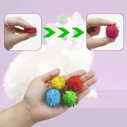 yuntop 70 Pack Assorted Color Sparkle Balls Glitter Tinsel Ball Cat Sparkle Balls Toys Interactive Cats Pom Poms Ball for Kittens Cat's Favorite Toy
