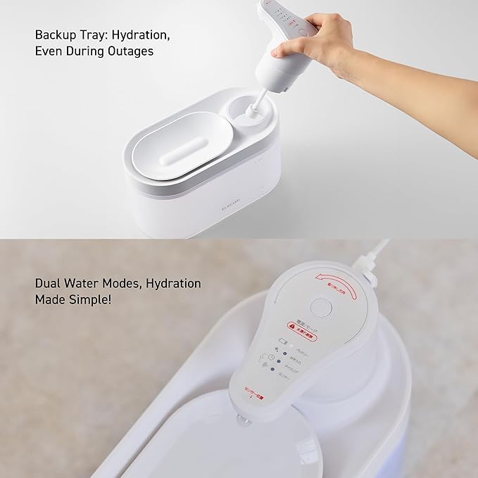 ELECOM Silent Cordless Automatic Pet Water Fountain, 2.5L Capacity, Motion Sensor & Timer Mode, Rechargeable 5200mAh Battery, 3-Layer Filtration, for Cat and Small Dog (White)