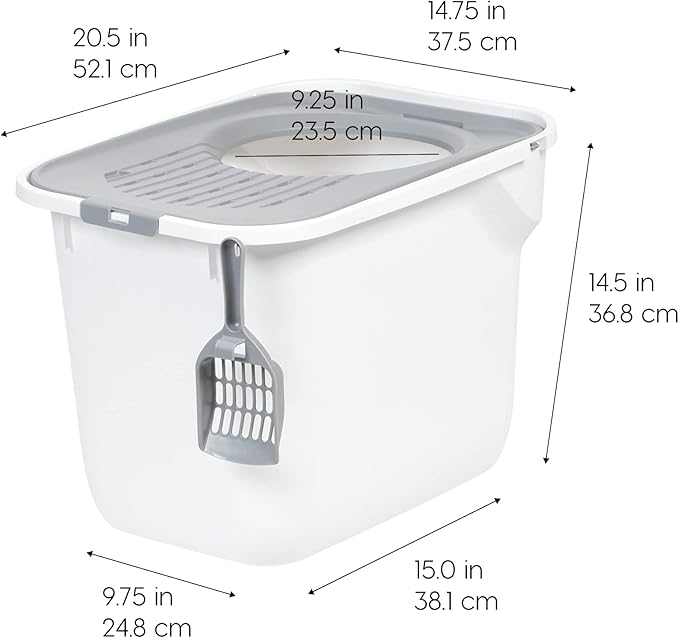 IRIS USA Large Cat Litter Box Top Entry with Lid, Enclosed Litter Box with Litter Catching Lid & Scoop, Covered Cat Litter Box Enclosure for Privacy, High Sided, White/Gray