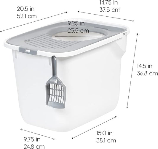 IRIS USA Large Cat Litter Box Top Entry with Lid, Enclosed Litter Box with Litter Catching Lid & Scoop, Covered Cat Litter Box Enclosure for Privacy, High Sided, White/Gray