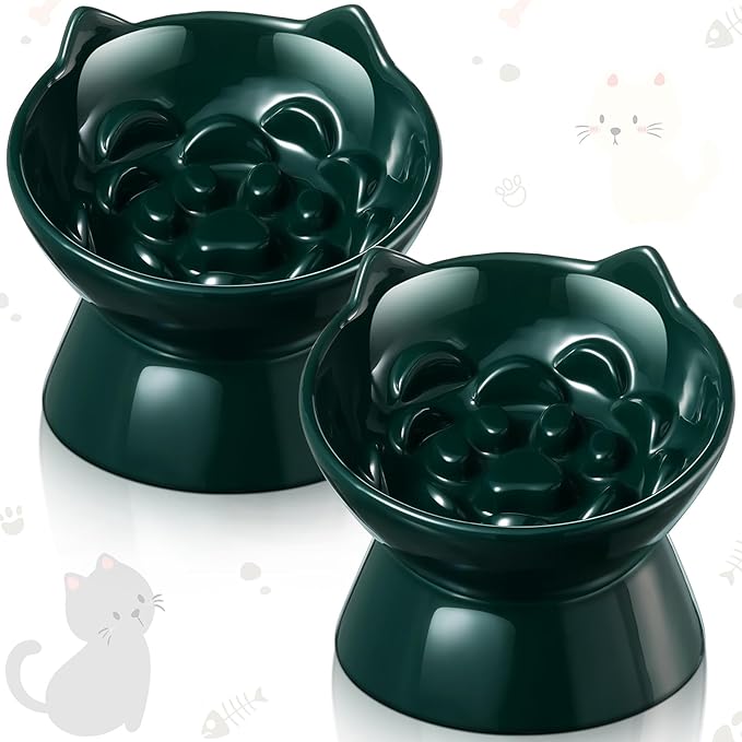 2 Pcs Ceramic Raised Slow Feeder Cat Bowl, 5.91inch Elevated Cat Slow Feeder Bowl Tilted Anti Vomiting for Dry Wet Food and Water Easy to Clean High Edge(Dark Green)