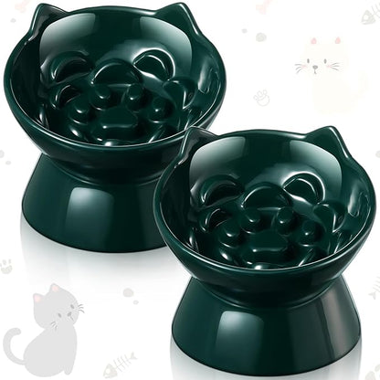 2 Pcs Ceramic Raised Slow Feeder Cat Bowl, 5.91inch Elevated Cat Slow Feeder Bowl Tilted Anti Vomiting for Dry Wet Food and Water Easy to Clean High Edge(Dark Green)