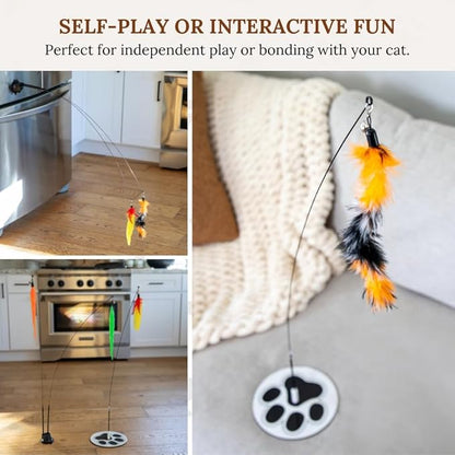 Interactive Cat Toys for Indoor Cats - 6 Feathers 3 Worms Double Sided Suction Cup - Round Base Teaser Wand - Self Play Bird Hunting - Bored Adult Feline Solo Activity - Kitten Juguetes para Gatos