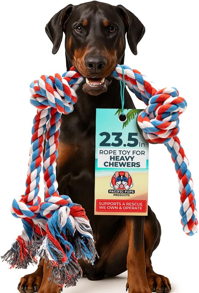 Pacific Pups Products XL Dog Rope Toy for Aggressive Chewers - Benefits Non-Profit Dog Rescue - Tug of War Dog Toy, Dog Toys for Large Dogs Tough Dog Toys for Aggressive Chewers Red