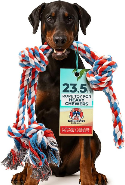 Pacific Pups Products XL Dog Rope Toy for Aggressive Chewers - Benefits Non-Profit Dog Rescue - Tug of War Dog Toy, Dog Toys for Large Dogs Tough Dog Toys for Aggressive Chewers Red