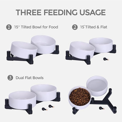 Ceramic Dog Bowl and Cat Bowls Set with 15° Adjustable Wood Stand, Non-Slip Weighted Pet Food and Water Bowls, Dual Raised Feeder for Small Dogs, Matte Glaze Pet Dish 13.5oz Set of 2 (Ceramic White)