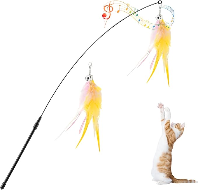 Pawaboo Feather Teaser Cat Toy, Interactive Feather Wand Cats Toy Flying Feathers Cat Catcher with Extra Long 34.5" Wand and Small Bell, Exerciser Playing Toys for Kitten or Cats, Pink+White+Yellow