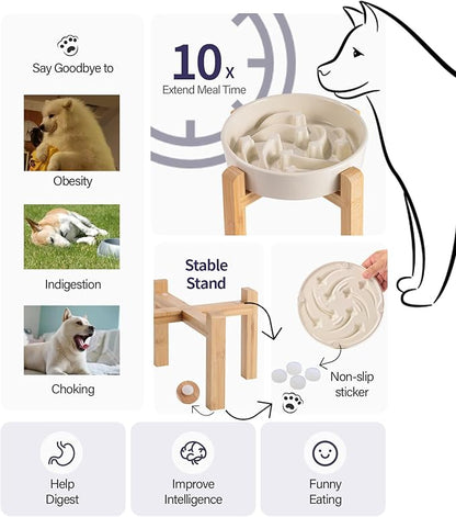 8.26 in Milk White Dog Bowl Slow Feeder Ceramic for Medium and Large Breed,Elevated/Raised Slow Feeding Dog Food Water Dish Heavy Weighted,Puzzle Eating Bowl Modern Maze Meteor