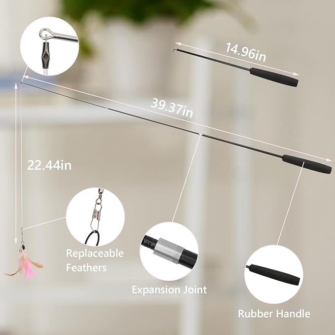 Hypeety Cat Toys for Indoor Cats Interactive Retractable Fishing Pole Wand with Refills Feathers Cat Teaser Wand with Feathers Cute and Funny Cat Toy Wand for Playtime Chase and Exercise 10PCS