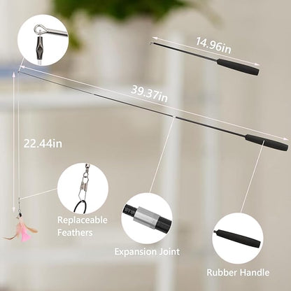 Hypeety Cat Toys for Indoor Cats Interactive Retractable Fishing Pole Wand with Refills Feathers Cat Teaser Wand with Feathers Cute and Funny Cat Toy Wand for Playtime Chase and Exercise 10PCS