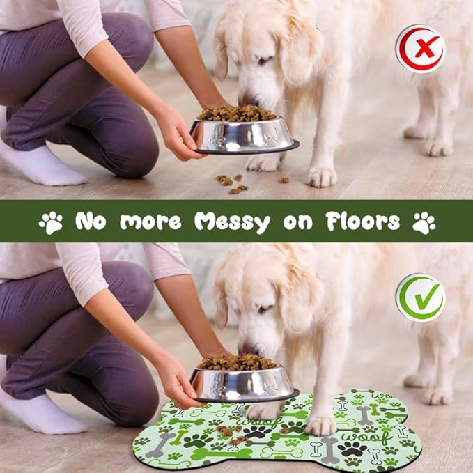 Dog Food Mats for Floors Waterproof, Pet Feeding Absorbent Water Bowl Mat Cat Placemats Green Bone Shape 25.5 * 17 inch