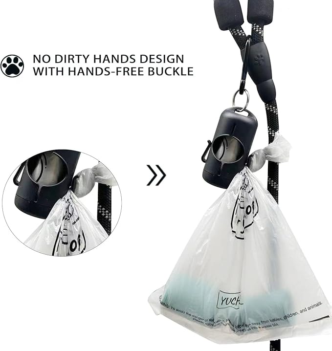Dog Poop Bag Holder with Leash Clip, Adjustable Strap & 2-Side Hooks for Used Dog Waste Bags (Black)