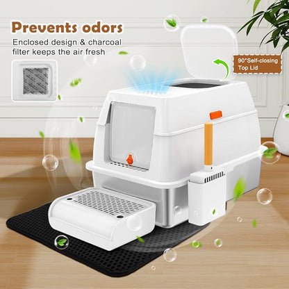 Vivifying Stainless Steel Litter Box with Lid, XL Front Entry Enclosed Extra Large Litter Box for Big Cats & Kitty, Top Exit Metal Cat Pan with Scoop, Mat, Footboard, Charcoal Filter (White)