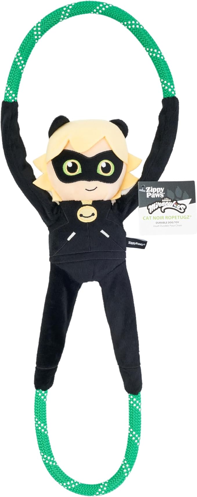 ZippyPaws RopeTugz Dog Toy, Durable Rope for Tugging and Chewing, Plush Body with Squeaker, Miraculous Cat Noir