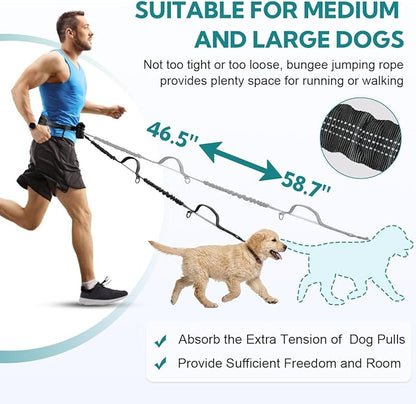 Hands Free Dog Leash 2 Dogs, Multifunctional Double Waist Leash forTwo Dogs Walking, Runing, with Waist Belt,Zipper Pouch and Shock Absoring Bungee (Grey-Green Midum Size, 2 Leashes)