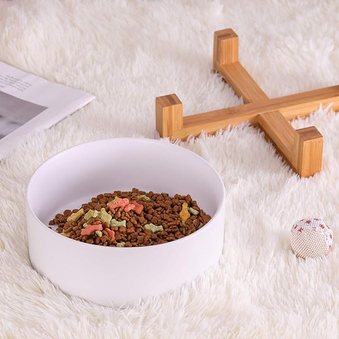 Ceramic Dog Bowl with Bamboo Stand - Large Dog Dish for Food and Water - Heavy Weighted, No Tip Over - 8.4" Diameter - White