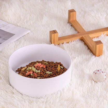 Ceramic Dog Bowl with Bamboo Stand - Large Dog Dish for Food and Water - Heavy Weighted, No Tip Over - 8.4" Diameter - White