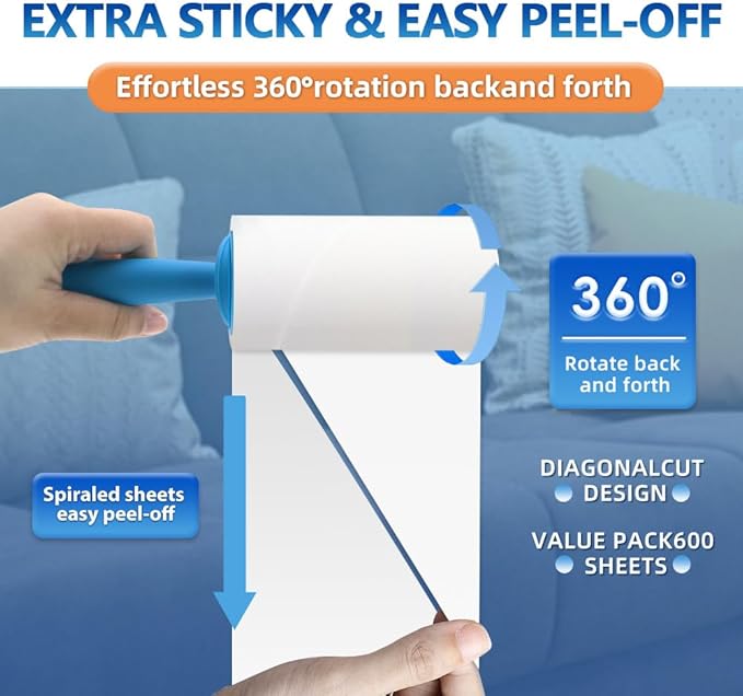 Mucilaginator Pet Hair Adhesive Roller，Removable Cleaning Tape Brush Paper Hair Replacement Roller, 600 Sheet Value Set Roller for Furniture, Clothing and More,Pet Lovers Dogs and Cats
