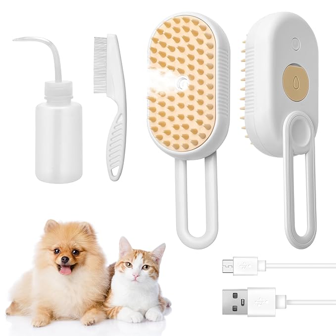 3-in-1 Cat Steam Brush for Shedding, Massaging & Grooming, Rechargeable, Misty Brush for Cats & Dogs, White, 3 Count