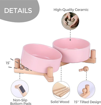 Ceramic Dog Bowl and Cat Bowls Set with 15° Adjustable Wood Stand, Non-Slip Weighted Pet Food and Water Bowls, Dual Raised Feeder for Small Dogs, Matte Glaze Pet Dish 13.5oz Set of 2 (Soft Pink)