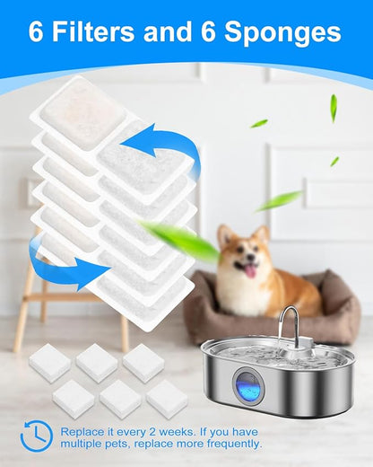 Pet Water Fountain Replacement Filters Compatible with ECOCONUT 3.4Gal/13L Large Dog Water Fountain, Carbon and Sponge Filters for Pet Fountain Water Bowl, Filtered Dog Water Bowl (6 Pack)