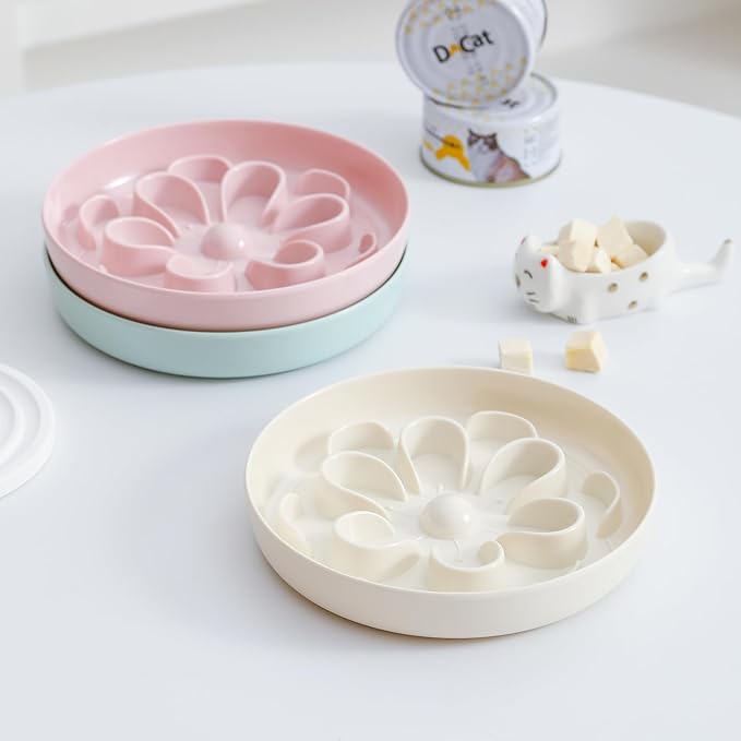 Melamine Slow Feeder Cat Bowl - Cute Blossom Maze Cat Dish - Fun Interactive Plate for Dry & Wet Food - Whisker Friendly - Dishwasher Safe - 6.3''W x 1.1''H