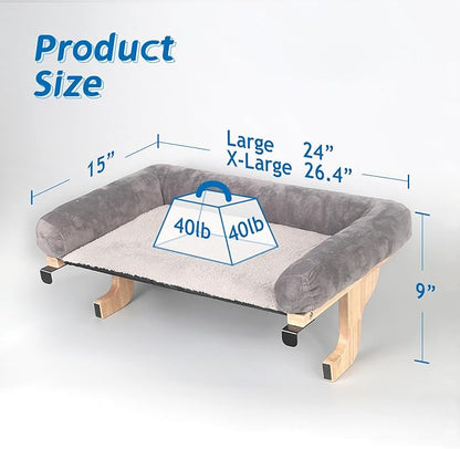 Zakkart Cat Perch for Window Sill with Bolster - Orthopedic Hammock Design with Premium Hardwood & Robust Metal Frame - Cat Window Seat for Large Cats - Natural Color Wood Gray Bed, 26.4''W