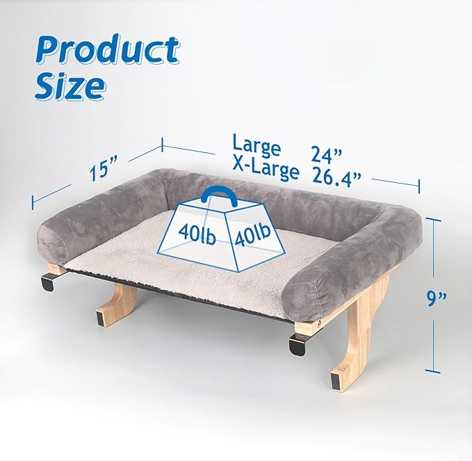 Zakkart Cat Perch for Window Sill with Bolster - Orthopedic Hammock Design with Premium Hardwood & Robust Metal Frame - Cat Window Seat for Large Cats and Kittens - Natural Color Wood Gray Bed, 24''W