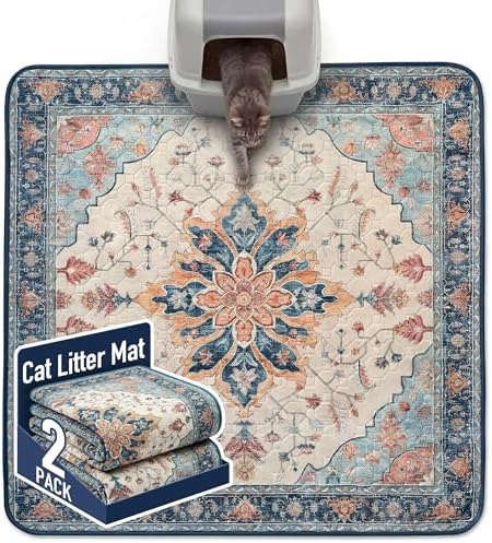 Hompet Cat Litter Mat 2 Pack, 54x54 Large Machine Washable Trapping Mats for Cats, Super Absorbent & Urine-Proof Cat Litter Box Mat for Floor, Waterproof & Non Slip Kitty Litter Rug by Hompet