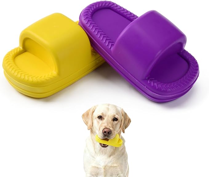 MECOOL Dog Toy 2PCS Unbreakable Slippers Squeaky Dog Toys for Teehing Chewing Size for Medium and Samll Breeds,Yellow and Purple