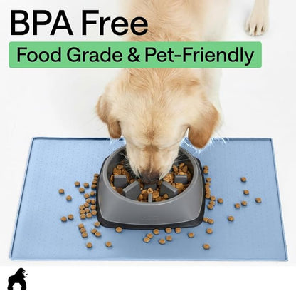GORILLA GRIP 100% Waterproof Raised Edge BPA Free Silicone Pet Feeding Mat, Dog Cat Food Mats Contain Spills Protects Floors, Placemats for Cats and Dogs Water Bowl, Pets Accessories 28x18 Blue