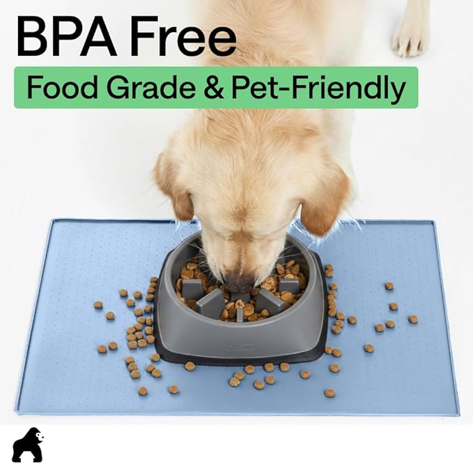 GORILLA GRIP 100% Waterproof Raised Edge BPA Free Silicone Pet Feeding Mat, Dog Cat Food Mats Contain Spills Protects Floors, Placemats for Cats and Dogs Water Bowl, Pets Accessories 18.5x11.5 Blue