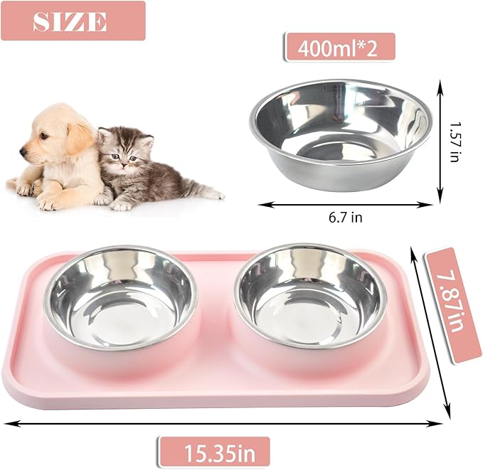 Double Dog Food Bowls with Mat,Stainless Steel Dog Bowls with No Spill Non Skid Silicone Mat Removable Cats Water and Food Bowl Set for Puppy Cats Kitten Small Medium Dogs(Pink)