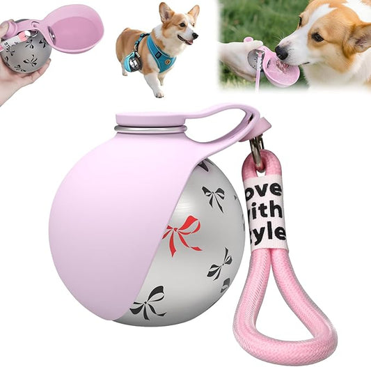 2-in-1 Portable Dog Water Bottle for Small Dogs - Leak-Proof, Compact & Foldable Pet Water Bottle with Silicone Bowl, 10oz for Walking & Travel - Stainless Steel, One-Hand Operation (1 Pink)